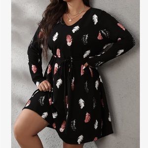Plus Size Feather Print Ling Sleeve Belted Dress Black